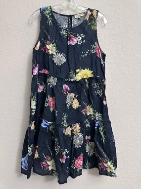 Le Ragazze 100% Linen Tiered Sleeveless Floral Dress Womens Size Small